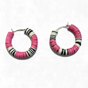 Chic Pink and Black Striped 1.25” Heishi Bead Hoop Earrings